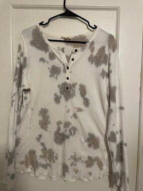 Jane and Delancey White Long Sleeve Henley with Taupe Tie-Dye